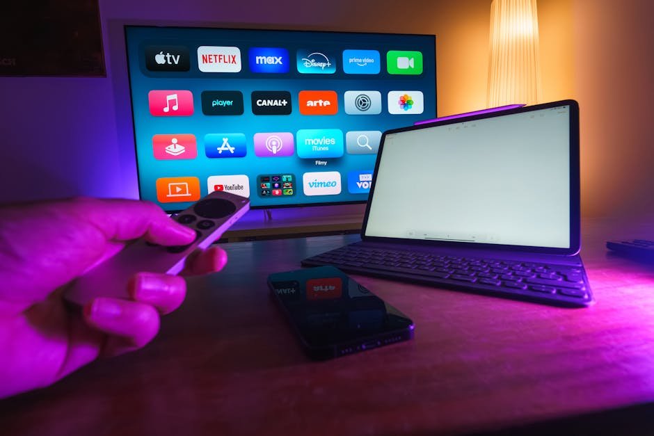 Family enjoying crystal clear 4K IPTV streaming on multiple devices in British home