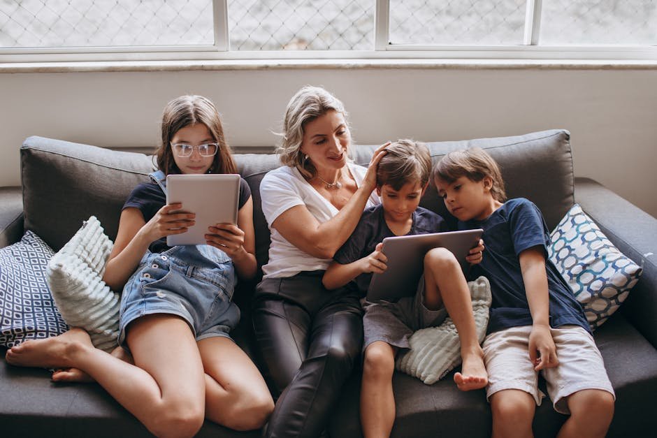 Family enjoying seamless IPTV subscription service on multiple devices simultaneously in living room setting